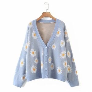 Women's Floral Knitted Daisy Sweater Cardigans Long Sleeve Sweater V Neck